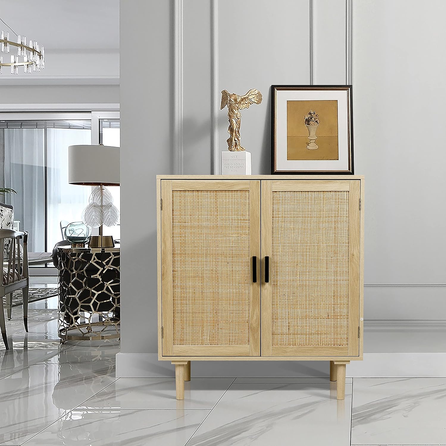 Finnhomy Sideboard Buffet Cabinet, Kitchen Storage Sideboard with Rattan Decorated Doors, Liquor Coffee Buffet, Dining Room, Hallway, Console Table, Accent Cabinet, 31.5X 15.8X 34.6 Inches, Natural