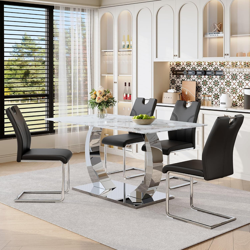 Dining Chairs Set of 2 Modern PU Kitchen Chairs with High Back,Soft Cushion Chrome Metal Legs for Dining Room,Living Room, Bedroom (Black+Silver, Set of 2)