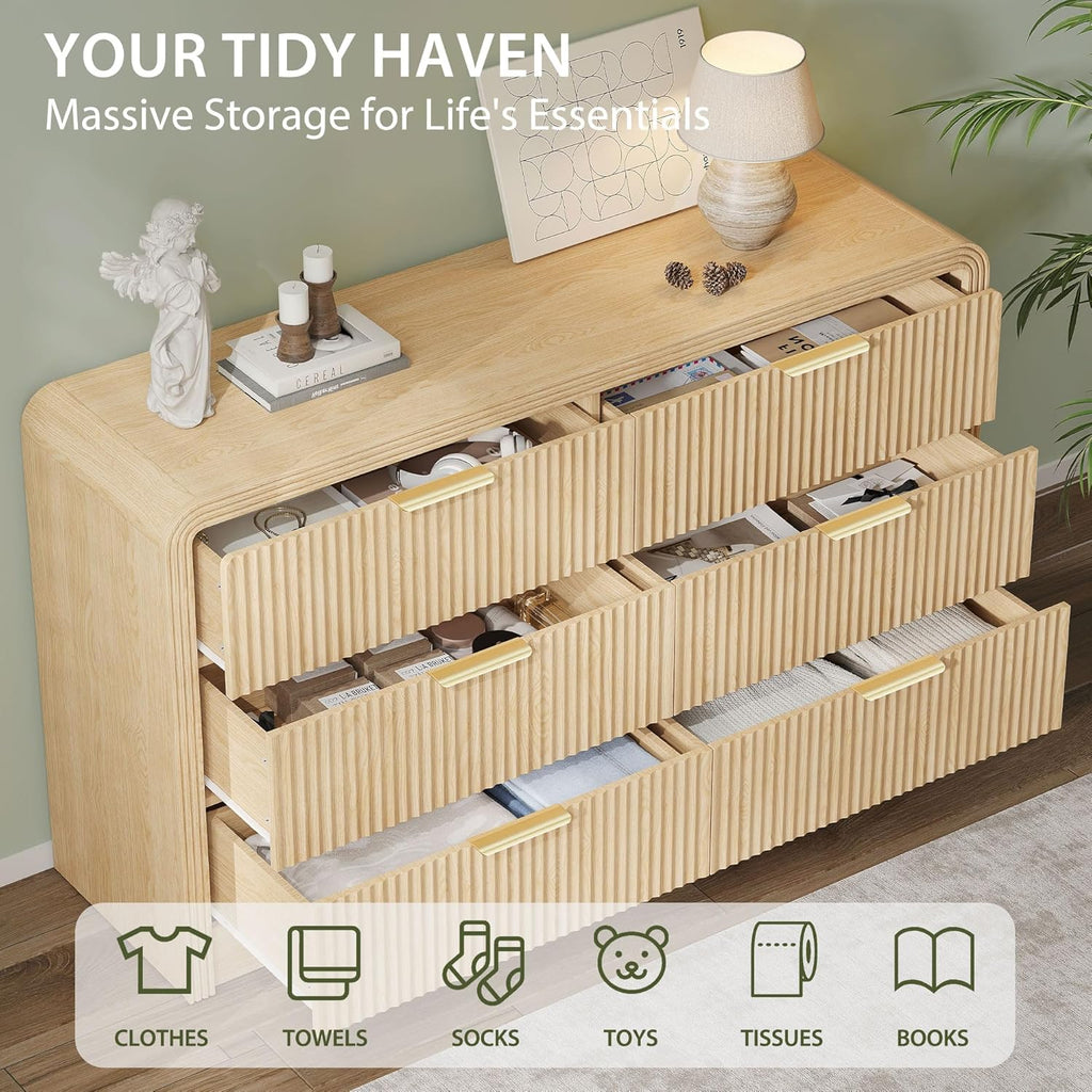 Decofy Fluted Drawers Dresser for Bedroom, Wood Dressers with Gold Handles, Modern Dressers with Wave Texture, Large Storage Chest of Drawers, Bedroom Dresser Organizer 55'' & 6 Drawers (Natural Oak)