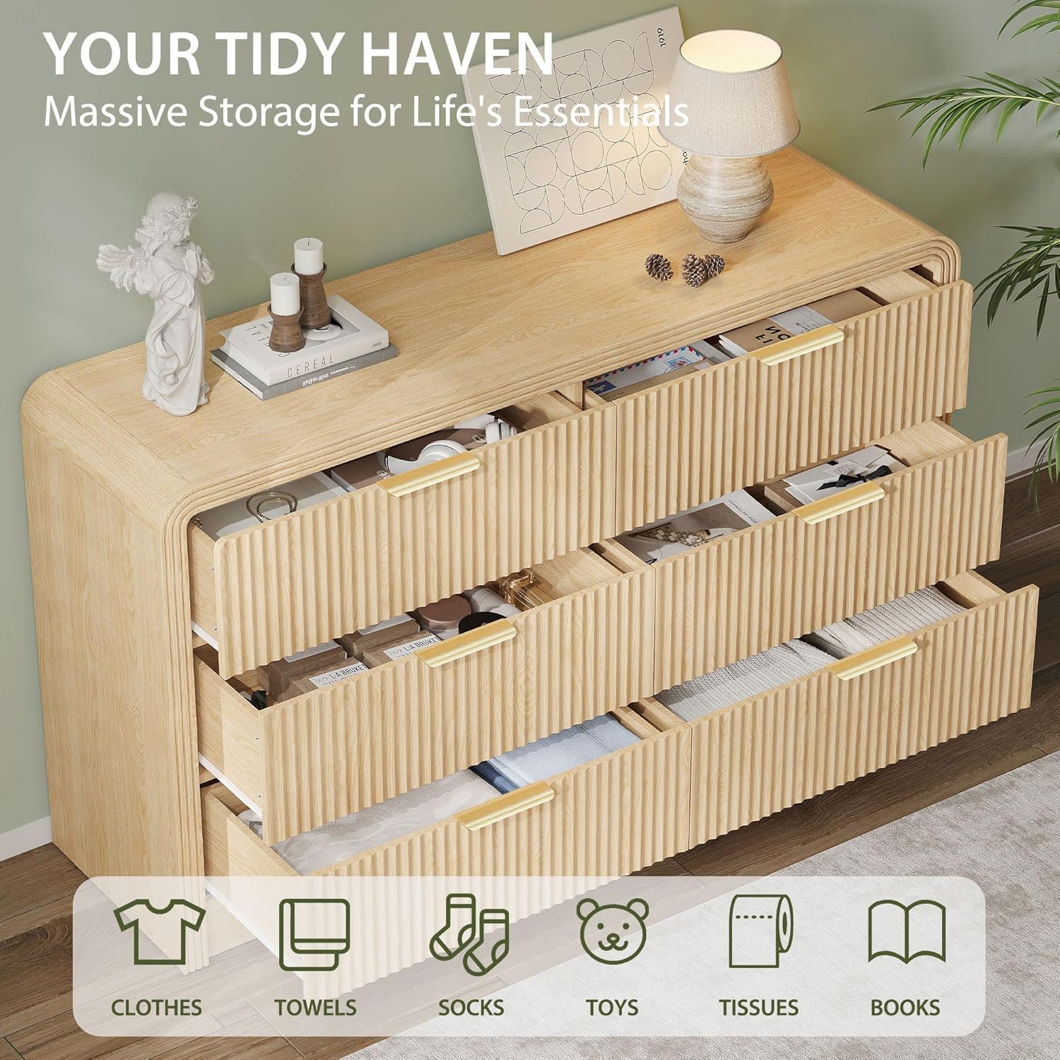 Decofy Fluted Drawers Dresser for Bedroom, Wood Dressers with Gold Handles, Modern Dressers with Wave Texture, Large Storage Chest of Drawers, Bedroom Dresser Organizer 55'' & 6 Drawers (Natural Oak)