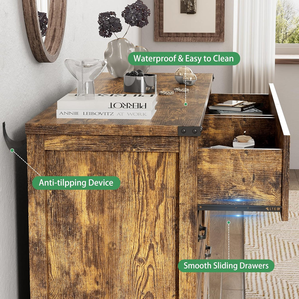 Dresser for Bedroom with 6 Drawers, 48' Wide Wood Chest of Drawers with Deep Drawers & Mental Handle, Wooden Dresser TV Stand, Modern Closet Storage Organizer for Living Room, Hallway, Entryway, Brown