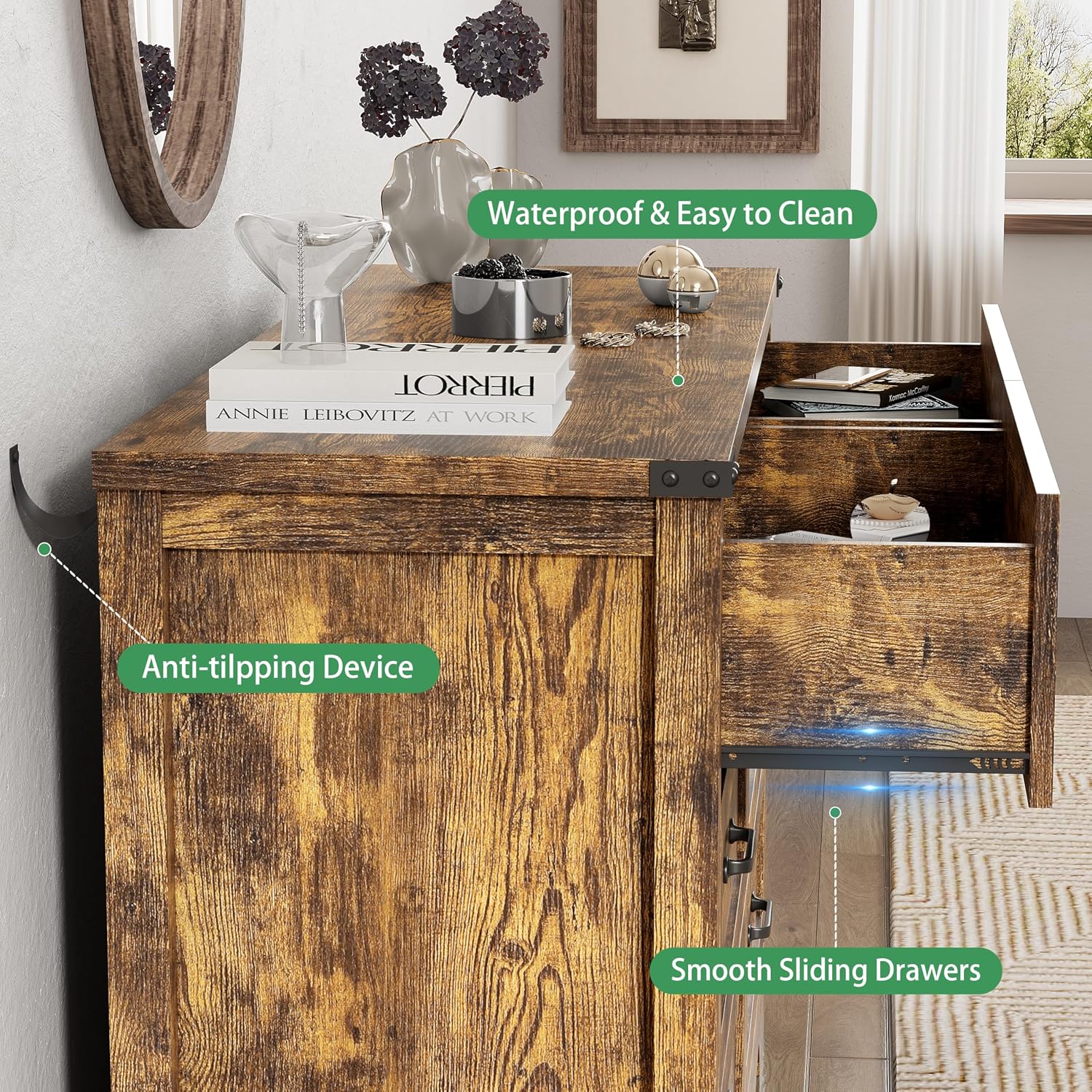 Dresser for Bedroom with 6 Drawers, 48' Wide Wood Chest of Drawers with Deep Drawers & Mental Handle, Wooden Dresser TV Stand, Modern Closet Storage Organizer for Living Room, Hallway, Entryway, Brown