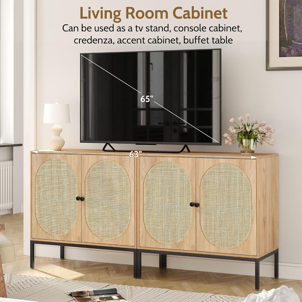 Yechen Set of 2 63' Sideboard Cabinet with Natural Rattan Hand-Woven Doors, Rattan Cabinet, Accent Buffet Storage Console Cane Credenza, for Living Room Entryway, Metal Legs/Natural