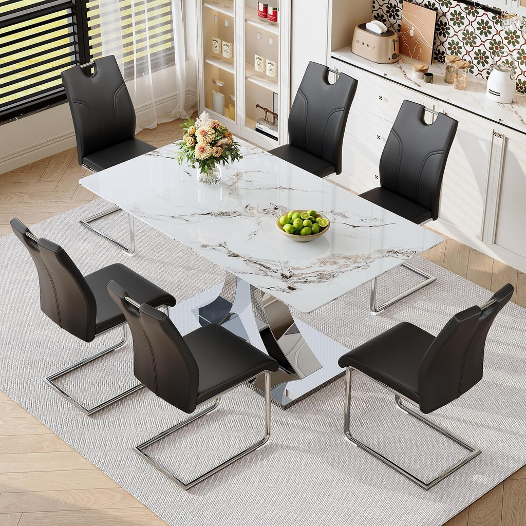 Dining Chairs Set of 6 Modern PU Kitchen Chairs with High Back,Soft Cushion Chrome Metal Legs for Dining Room,Living Room, Bedroom (Black+Silver, Set of 6)