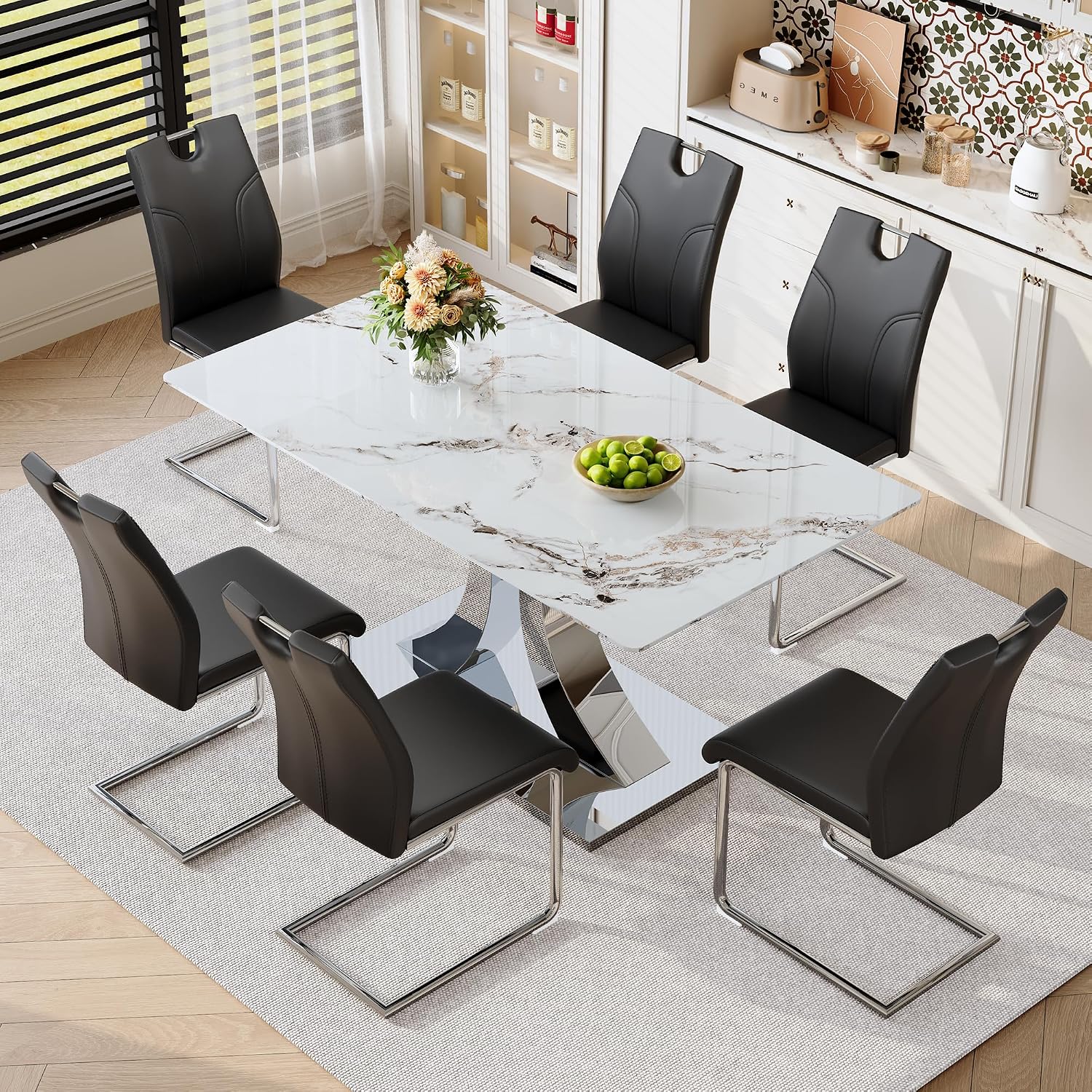 Dining Chairs Set of 6 Modern PU Kitchen Chairs with High Back,Soft Cushion Chrome Metal Legs for Dining Room,Living Room, Bedroom (Black+Silver, Set of 6)
