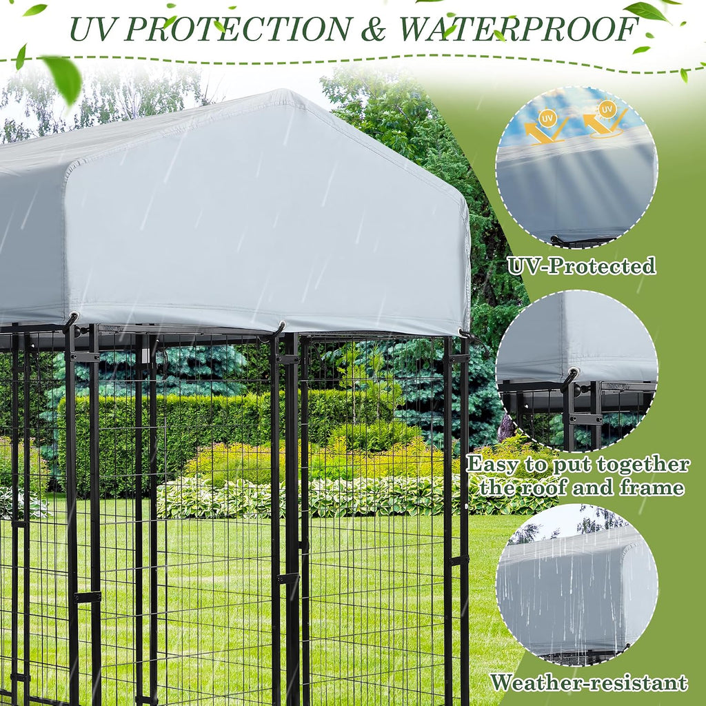 Grepatio Outside Dog Kennel for Large Dogs, 8x4x5.7 FT Outdoor Dog Kennels with Waterproof, Heavy Duty Dog Enclosure with 2 Rotating Dogs Bowls, Dog Run Playpen Fence with Secure Lock