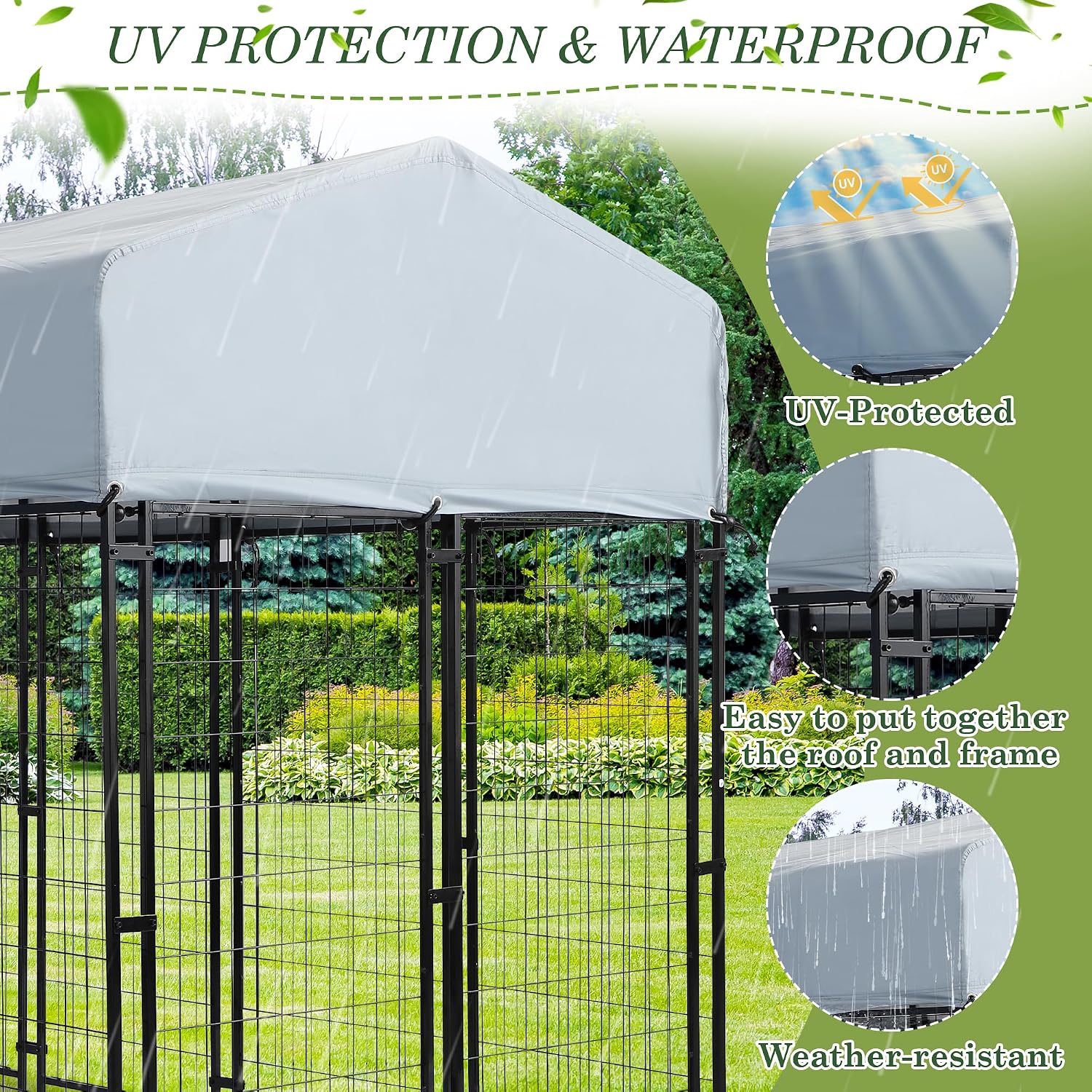 Grepatio Outside Dog Kennel for Large Dogs, 8x4x5.7 FT Outdoor Dog Kennels with Waterproof, Heavy Duty Dog Enclosure with 2 Rotating Dogs Bowls, Dog Run Playpen Fence with Secure Lock