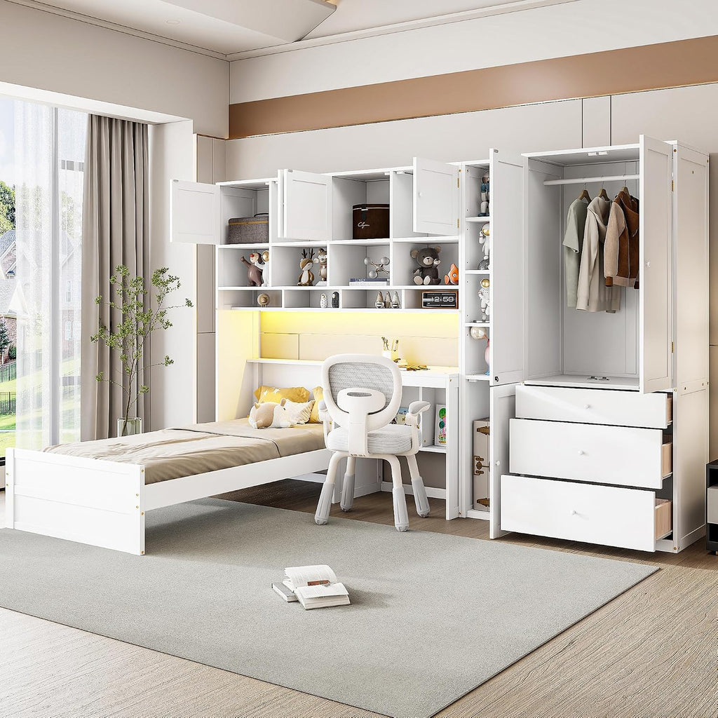 Multifunctional Design Twin Size Platform Bed with All-in-One Vertical Cabinet Bookcase and Desk, Solid Wood Platform Bed Frame with Storage Headboard, Drawers and Shelves (White-1.2)