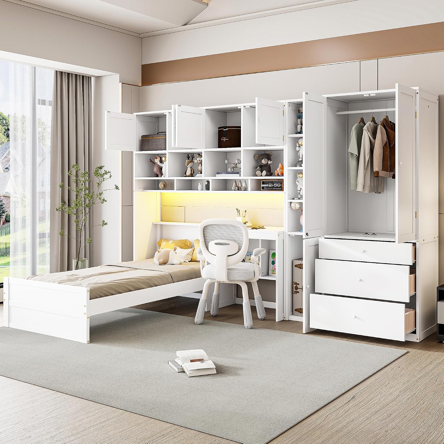 Multifunctional Design Twin Size Platform Bed with All-in-One Vertical Cabinet Bookcase and Desk, Solid Wood Platform Bed Frame with Storage Headboard, Drawers and Shelves (White-1.2)