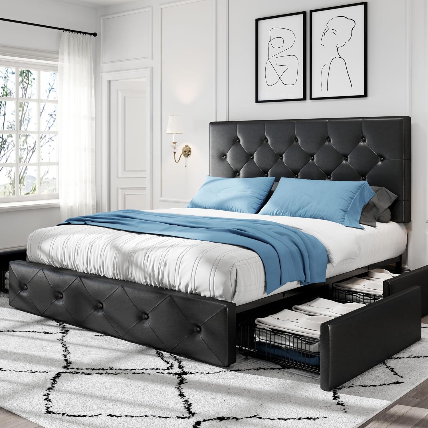 HOOMIC Queen Platform Storage Bed Frame with 4 Drawers & Adjustable Headboard, Wooden Slats, No Box Spring Needed,Diamond Stitched Button Tufted Design,Black