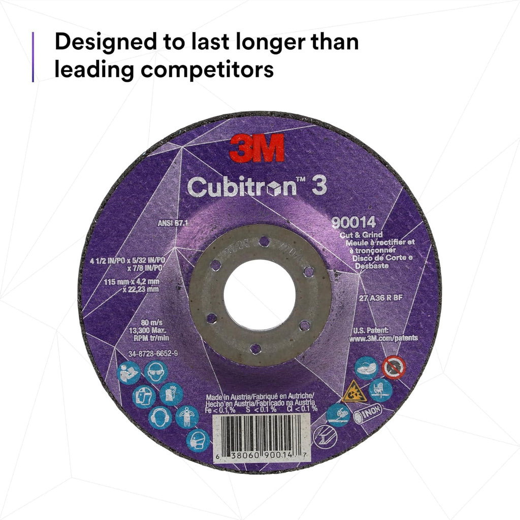 3M Cubitron 3 Cut and Grind Wheel, 90016, 36+, T27, 4-1/2 in x 5/32 in x 5/8 in-11, Pack of 10, ANSI, Longer Life, Faster Cut, Back-Gouging, Fillet Weld Removal, Cutting, Grinding