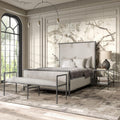 24/7 Shop at Home Lalia Hammered Metal 3-Piece Bedroom Collection, Upholstered Bed Frame with Beige Fabric Headboard, Forged Steel, Bench and 1-Shelf Nightstand, Foundation Required, Full, Matte Grey