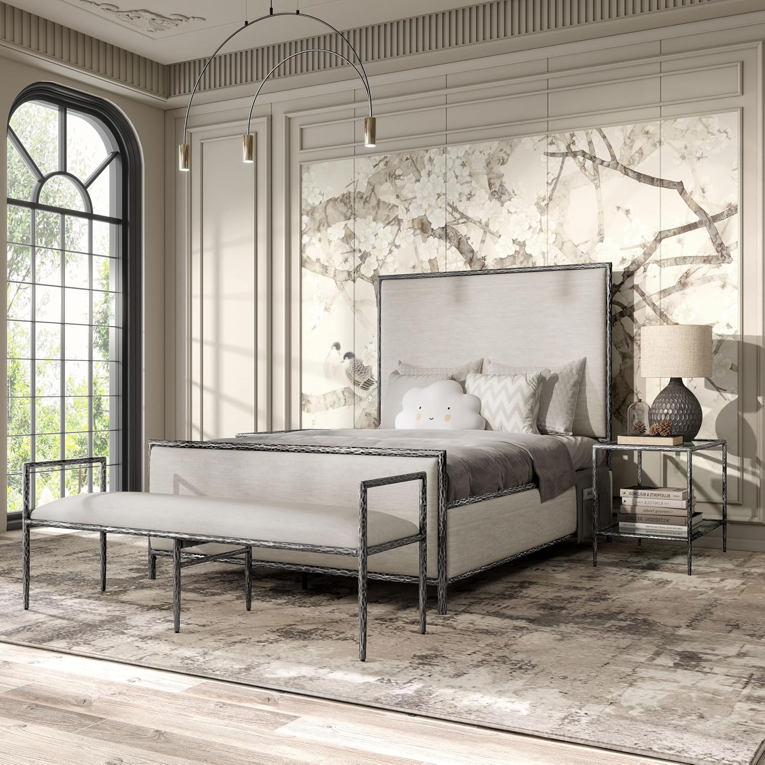 24/7 Shop at Home Lalia Hammered Metal 3-Piece Bedroom Collection, Upholstered Bed Frame with Beige Fabric Headboard, Forged Steel, Bench and 1-Shelf Nightstand, Foundation Required, Full, Matte Grey