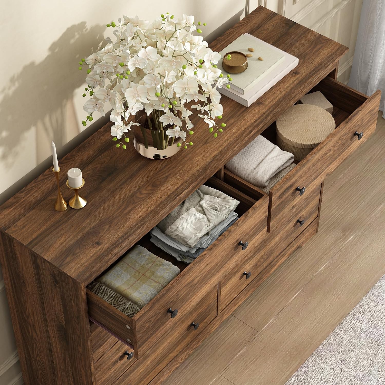 Dresser for Bedroom, 8 Drawer Dresser with Large Drawers, 51 Inch Wide Wood Chest for Living Room, Hallway, Walnut