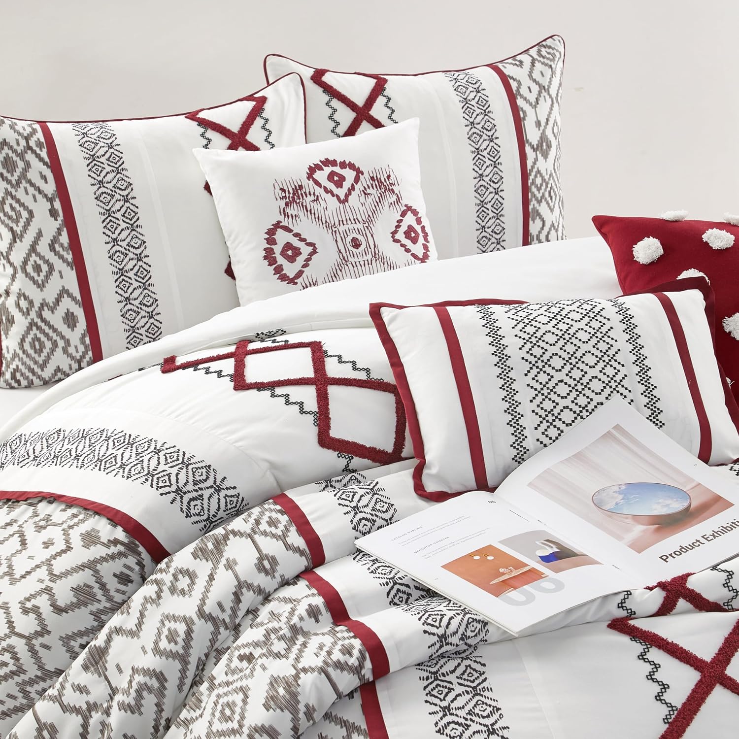Grand Avenue White Red Comforter Set California King Size, 7 Piece Terry Embroidery All Season Bedding Set, Bedskirt, Pillows & Shams