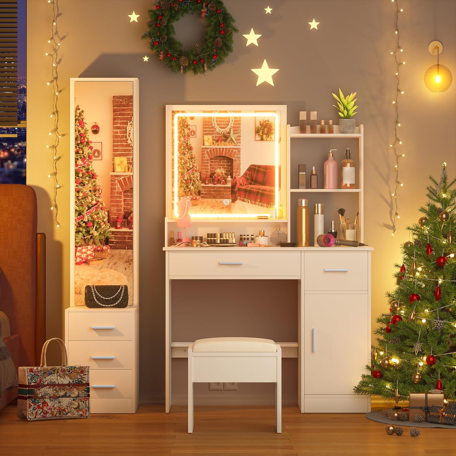 INTERGREAT Makeup Vanity Desk with Lights and Full-Length Mirror, White Vanity Table Set with 3 Lighting Modes, Dressing Table with Drawers, Large Vanity Desk for Women and Girls' Bedroom