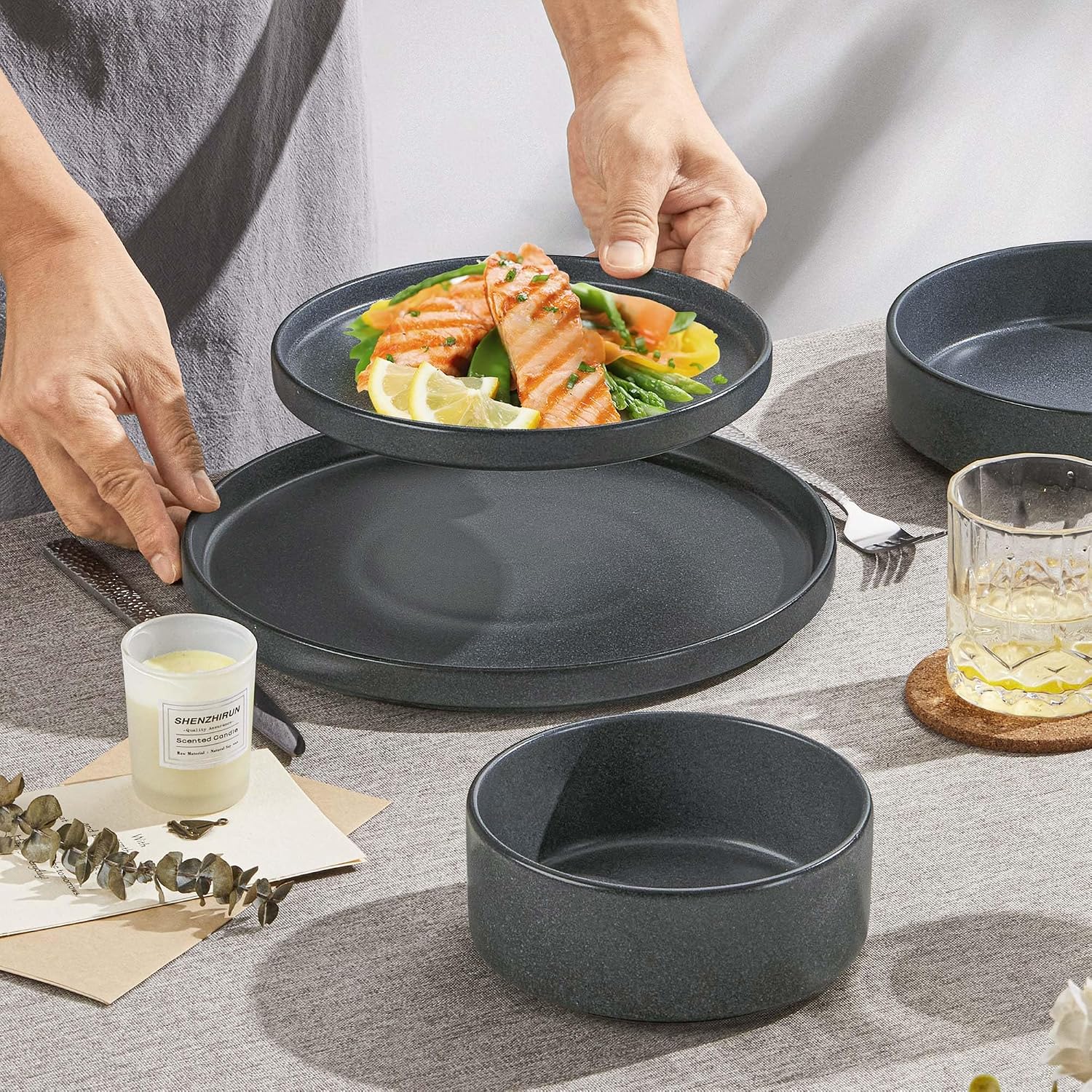 Herogo Dinnerware Dishes Sets with Salad Bowls, 24 Piece Plates and Bowls for 6, Dishwasher & Microwave Safe Ceramic Stoneware for Kitchen, Dark Gray