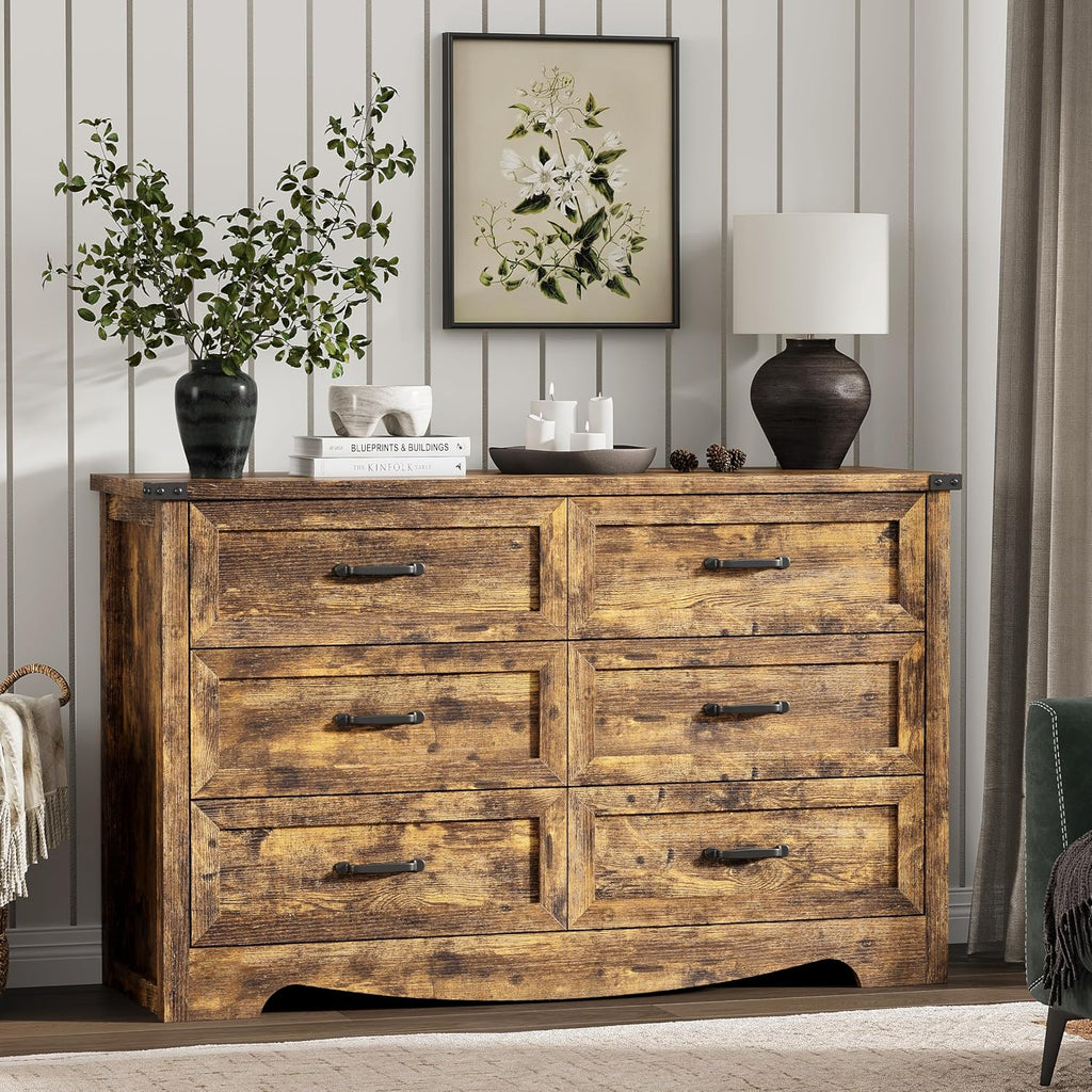 Dresser for Bedroom with 6 Drawers, 48' Wide Wood Chest of Drawers with Deep Drawers & Mental Handle, Wooden Dresser TV Stand, Modern Closet Storage Organizer for Living Room, Hallway, Entryway, Brown