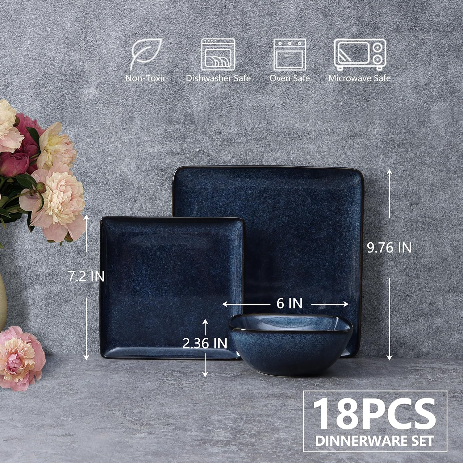 E-far Square plates and bowls Sets for 6, 18-Piece Reactive Glaze Stoneware Dinnerware Sets, Porcelain Dishware Sets for Kitchen Home, Microwave & Dishwasher Safe, Deep Sea Blue