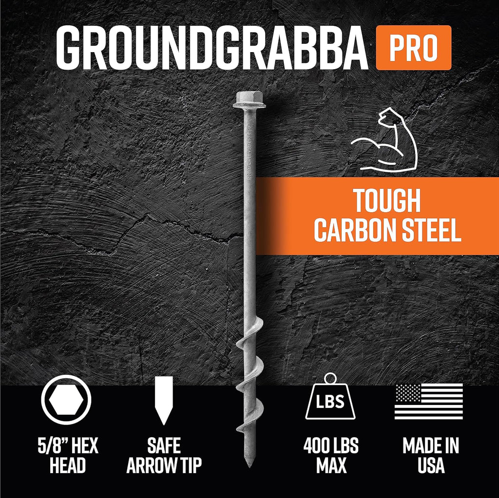 GROUNDGRABBA Screw in Tent Stake for Normal to Hard Ground | Premium Drill Driven Ground Anchor Earth Screws | 12X Pro Stakes, 12X Closed Hooks, 1x Masonry Drill Bit, 1x Carry-All Bag