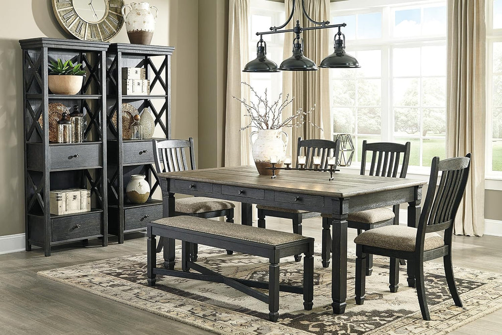 Signature Design by Ashley Tyler Creek Farmhouse Upholstered Dining Room Bench with Tapered Legs, Heavy Woven Fabric, Wood, 19.5' High Seat, Black & Gray