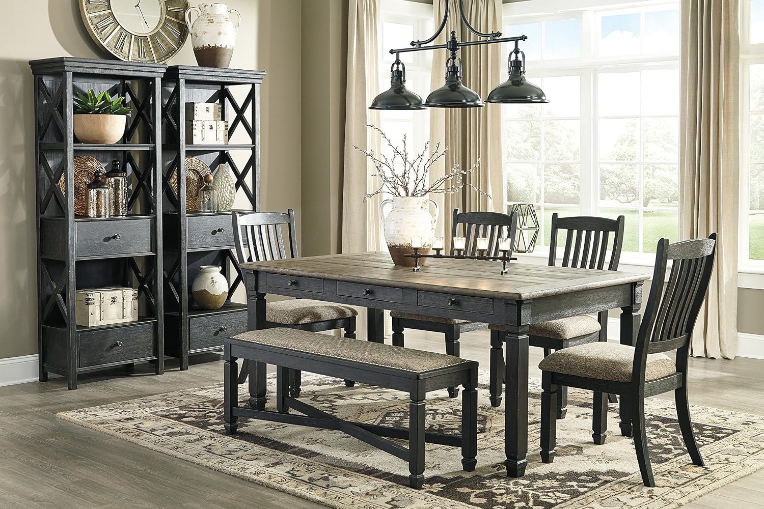 Signature Design by Ashley Tyler Creek Farmhouse Upholstered Dining Room Bench with Tapered Legs, Heavy Woven Fabric, Wood, 19.5' High Seat, Black & Gray