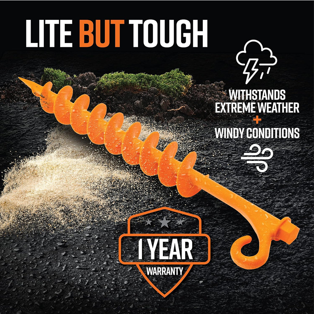Lite - Orange-Tent Stakes - 15 Piece Tent Stakes for Sand | Tent Stakes | Screw in Earth Ground Anchors for Maximum Grip and Longevity in Soft Surfaces