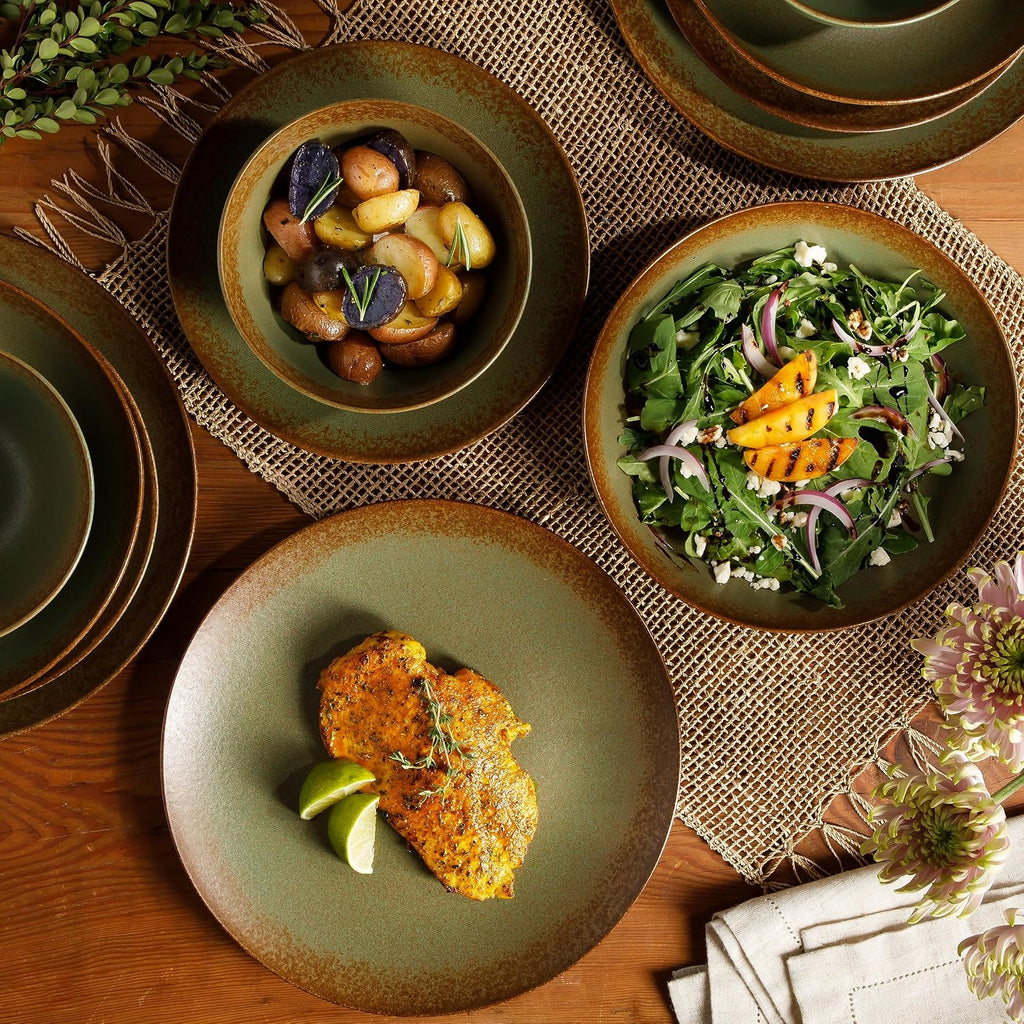 Bloomhouse - Two Time Oprah's Favorite Things Winner - Palermo Sun Double Bowl Stoneware Reactive Glaze Plates and Bowls Dinnerware Set - Cardamom Green, Service for Four (16pcs)