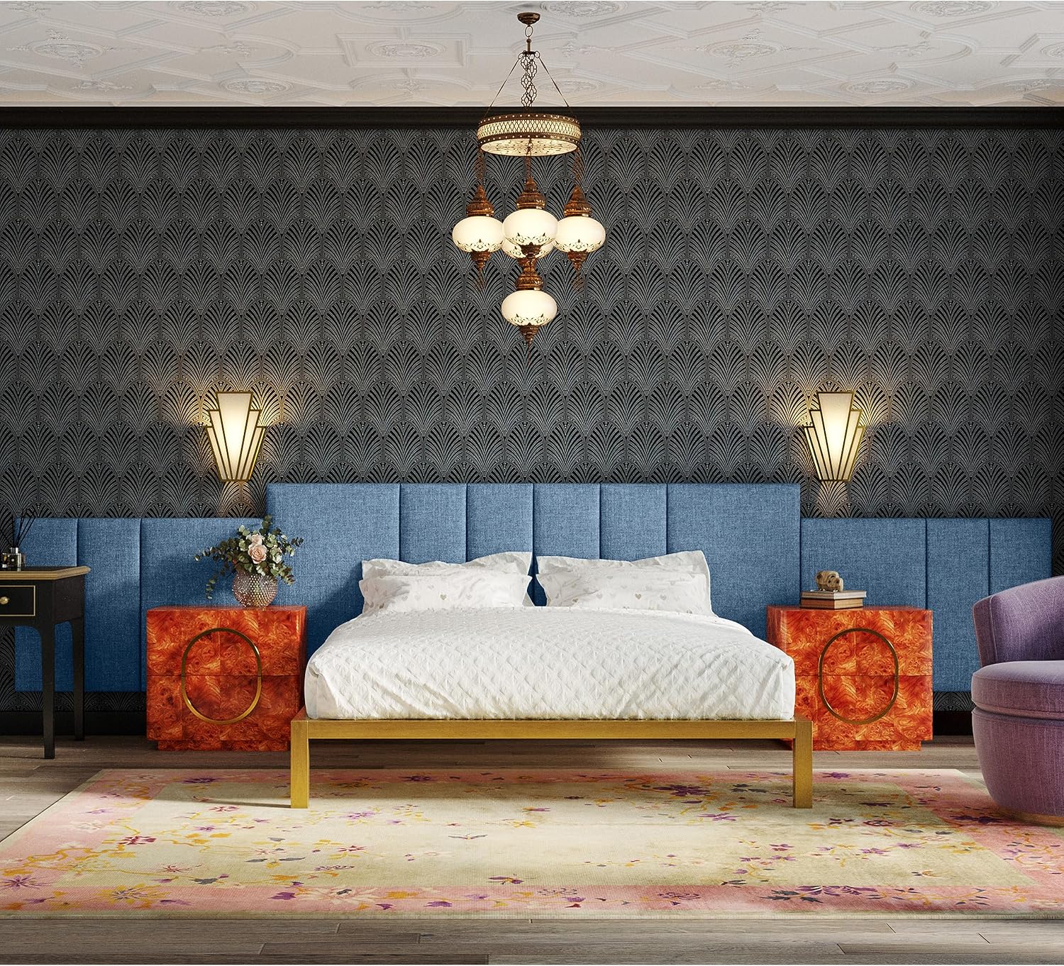Jaxx Panelist Modern Padded Headboard- Set of 2 Wall Mounted Panels (Each 22.5' x 38')- King Double Tall, Microvelvet Petrol Blue