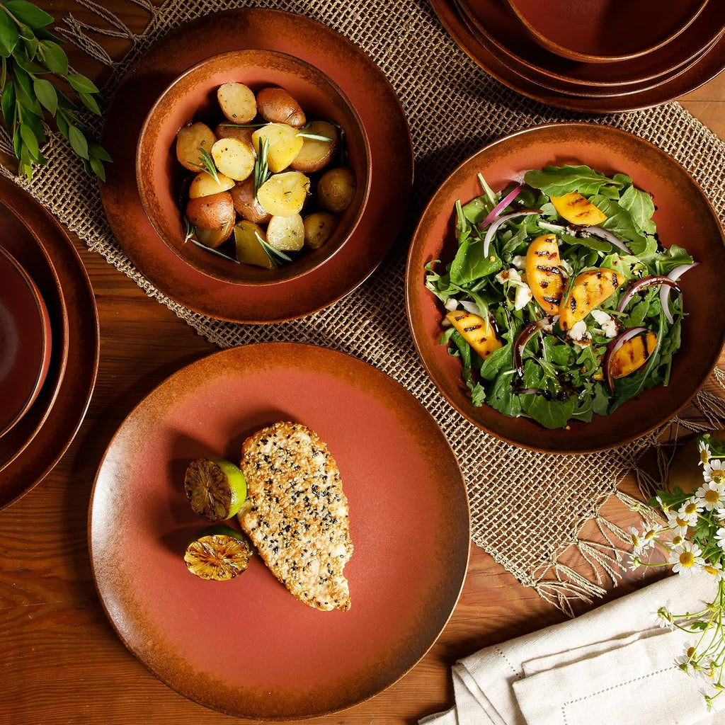 Bloomhouse - Two Time Oprah's Favorite Things Winner - Palermo Sun Double Bowl Stoneware Reactive Glaze Plates and Bowls Dinnerware Set - Paprika Red, Service for Four (16pcs)