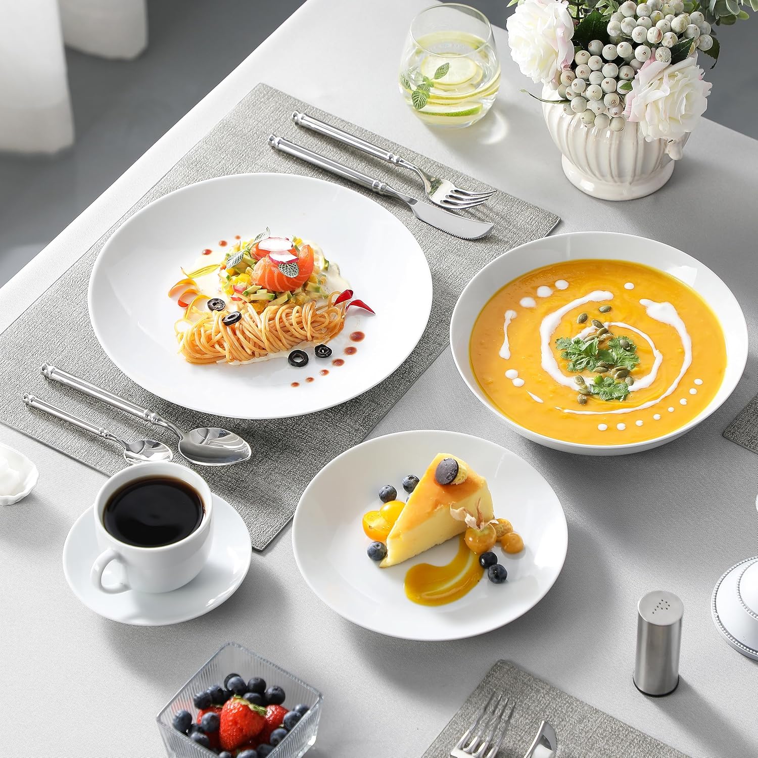 MALACASA 30-Piece Gourmet Porcelain Dinnerware Sets, Modern White Round Dish Set for 6 - Premium Serving Plates and Bowls Sets for Dessert, Salad, Soup, Pasta - Series AMELIA