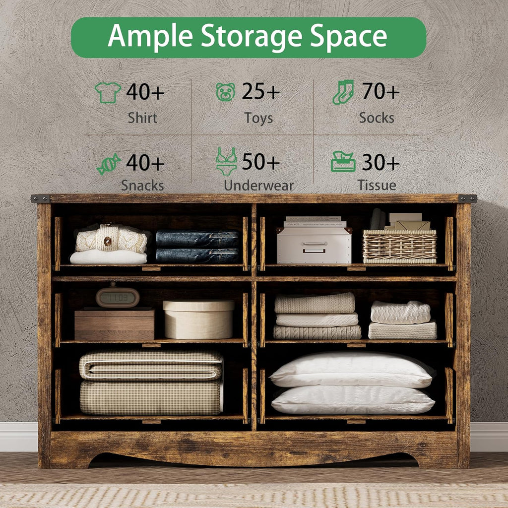 Dresser for Bedroom with 6 Drawers, 48' Wide Wood Chest of Drawers with Deep Drawers & Mental Handle, Wooden Dresser TV Stand, Modern Closet Storage Organizer for Living Room, Hallway, Entryway, Brown
